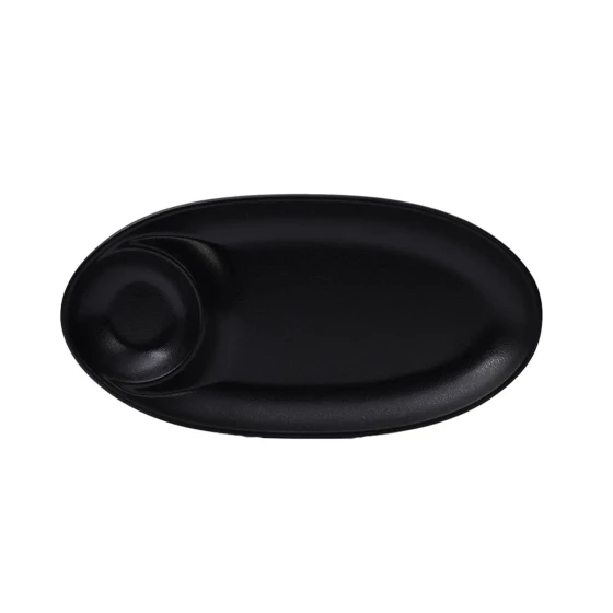 Vague Melamine Oval Platter with Sauce Hole Black Matt Finish