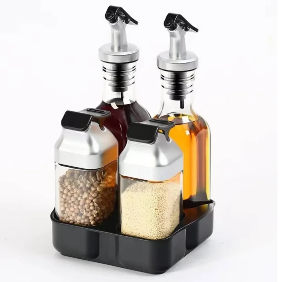 5-Piece Glass Condiment Dispenser Set with Metal Pour Spouts and Shaker Lids