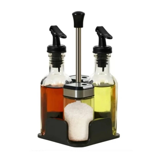 5-Piece Glass Condiment Dispenser Set with Metal Pour Spouts and Shaker Lids