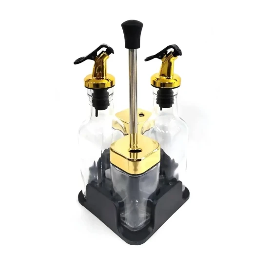 5-Piece Glass Condiment Dispenser Set with Metal Pour Spouts and Shaker Lids