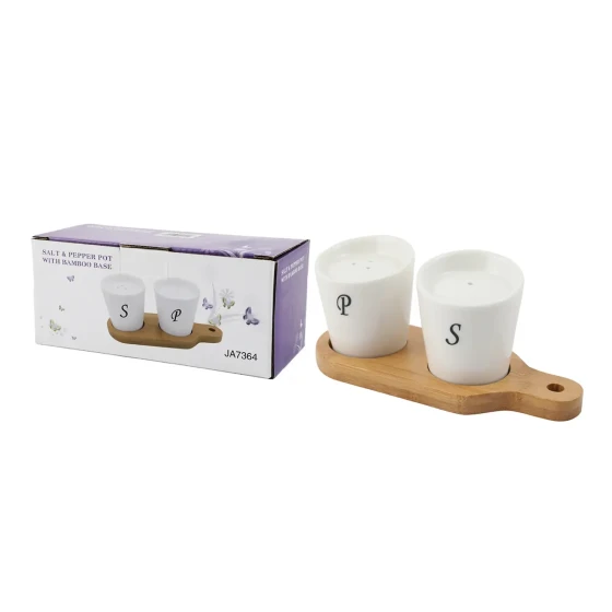 Porcelain Salt & Pepper Shakers Set with Bamboo Base