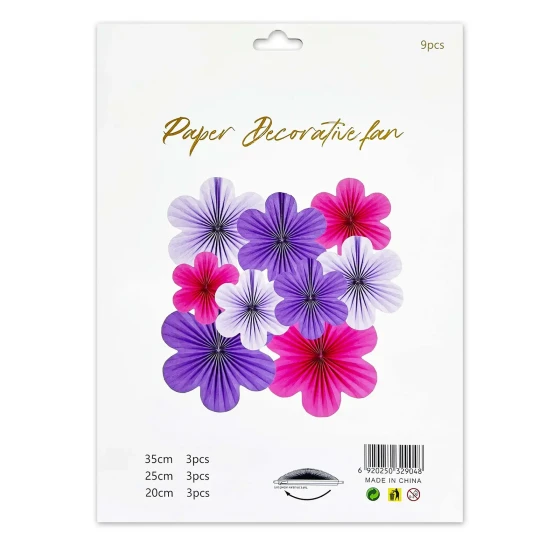 9pcs Set of Multicolor Flower Hanging Paper Fans - Party Decoration
