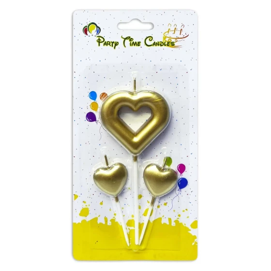 3pcs Metallic Gold Heart Candles, Cake Topper