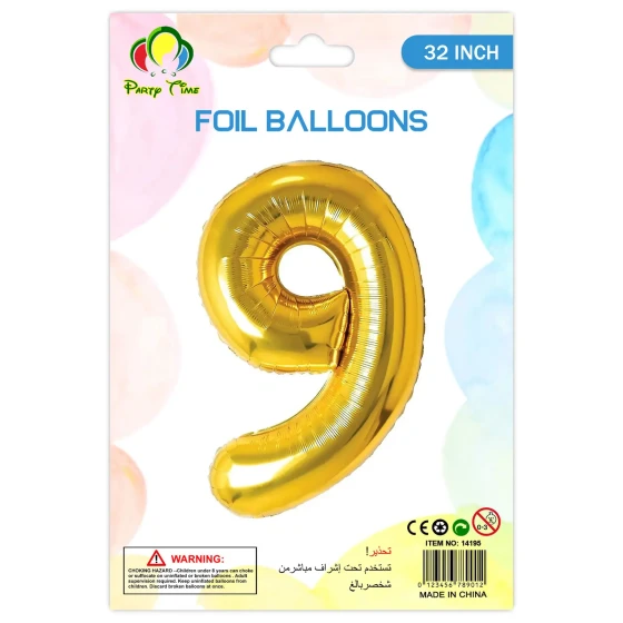 32″ Number 9 Foil Balloon, Gold