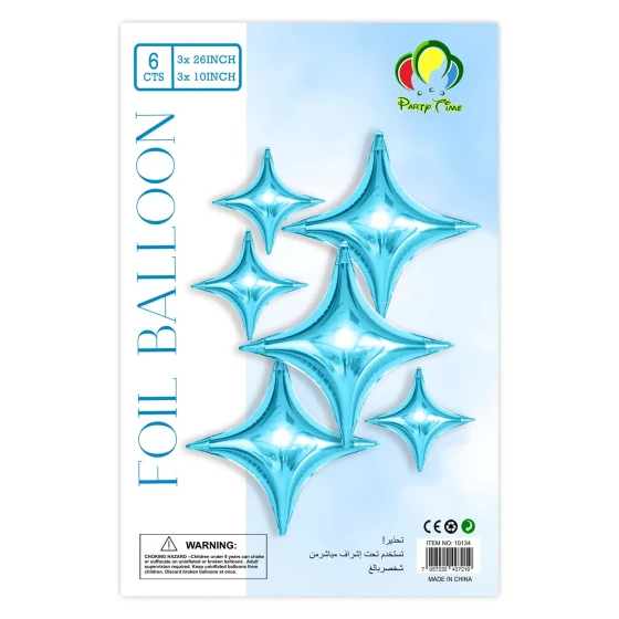 6pcs 26″ & 10″ Four Pointed Star Foil Balloons, Light Blue