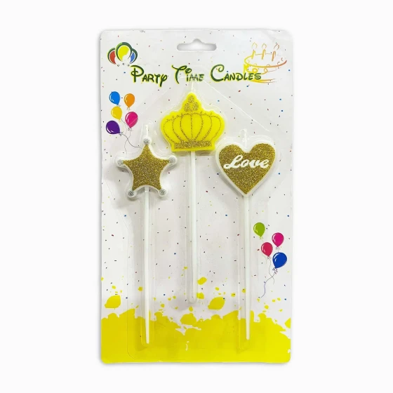 3pcs Glittery Shapes Birthday Candle Sticks, Gold