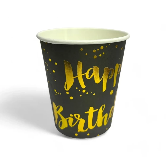 6-Pieces 9oz Disposable Happy Birthday Paper Cups, Black & Gold