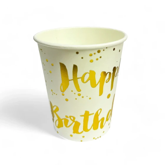6-Pieces 9oz Disposable Happy Birthday Paper Cups, White & Gold