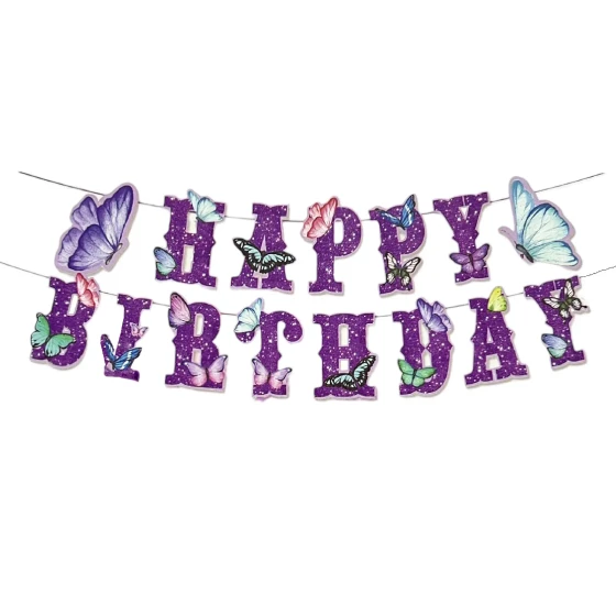 Glittery Purple Butterfly Happy Birthday Banner - Birthday Party Decoration