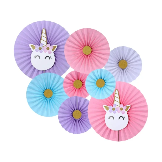 8-Pieces Set of Pastel Unicorn Hanging Paper Fans - Party Decoration