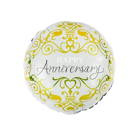 1pc 18″ Round Happy Anniversary Foil Balloon, White & Gold