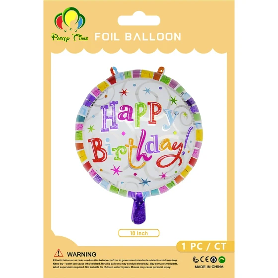 1 Piece 18inch Round Happy Birthday Foil Balloon, Rainbow