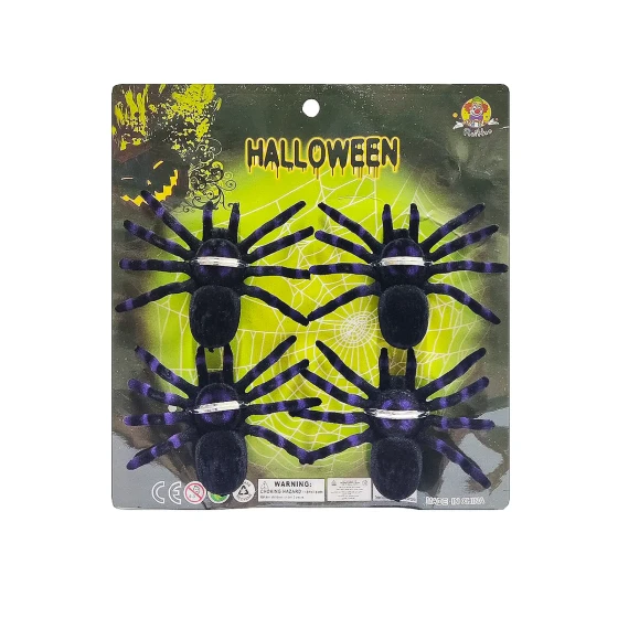 4-Pieces Fuzzy Spiders, Black & Purple - Halloween Decorations