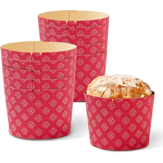 Red Panettone Mold , Plum Cake Liner Baking Paper - 14.5cm Base x 14.5cm Dia x 7cm H Set of 25pcs