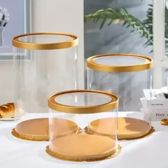 Gold Colour Round Clear Lid Tall Cake Box 22cm X 22cm x 17cm