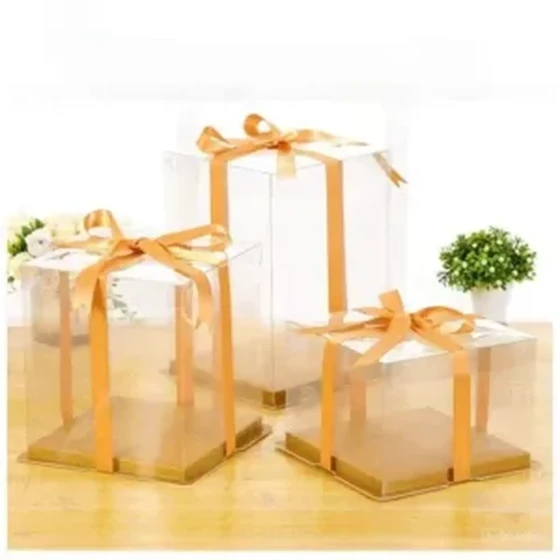 Gold Colour Square Clear Lid Tall Cake Box 26cm X 26cm x 18cm