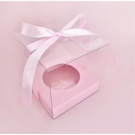 Pink Colour Base Mini Transparent Clear Lid Single Cavity Cupcake Box with Ribbon