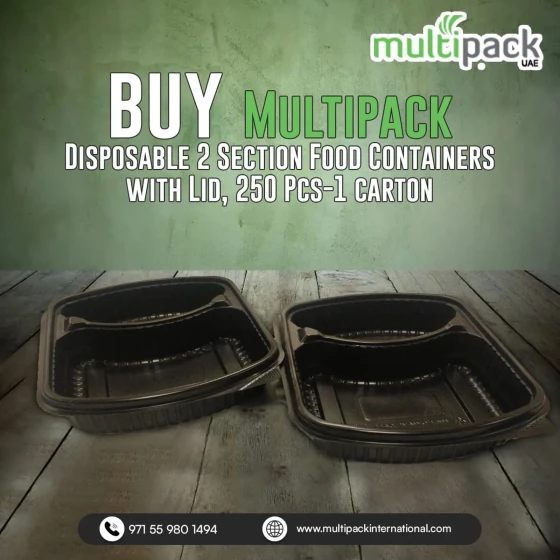 Disposable 2 Section Food Containers with Lid, 250 Pcs-1 carton