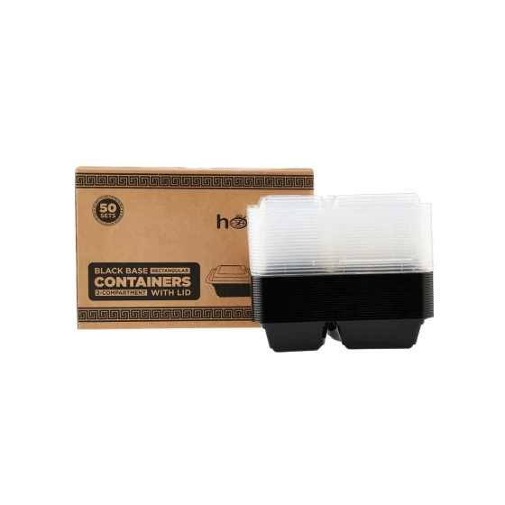 Black Base Rectangular Microwavable Compartment Container with Lids