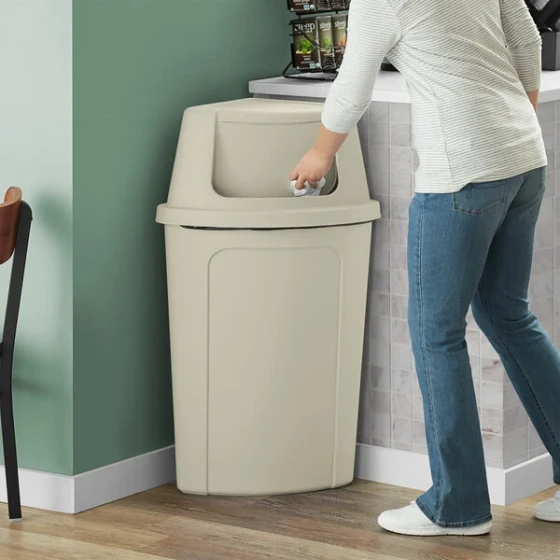 Lavex 21 Gallon Beige Corner Round Trash Can with Beige Push Door Lid