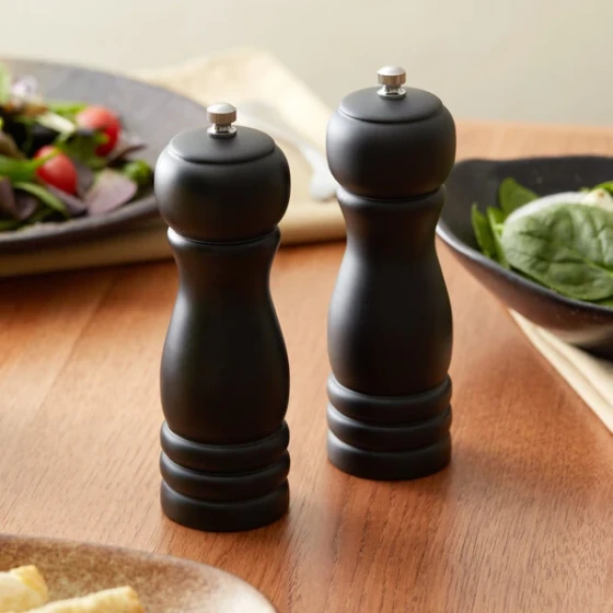 Acopa 6" Matte Black Wooden Salt / Pepper Mill - 2/Set