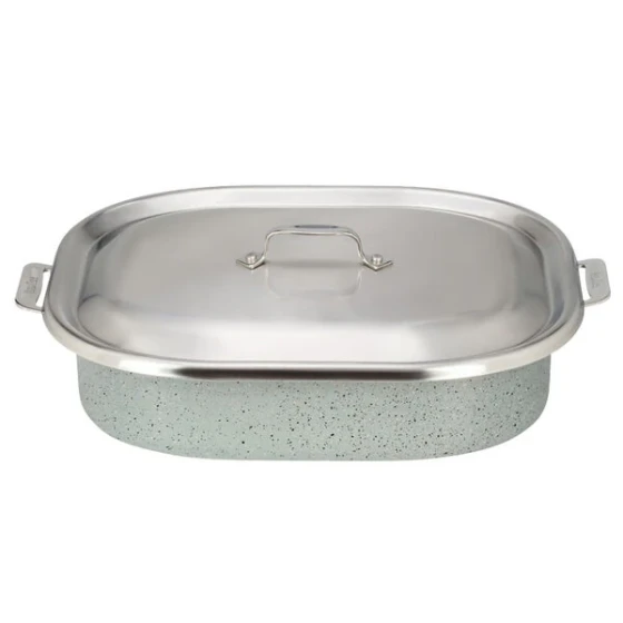 Bon Chef 60004CLDSTARLIGHT Cucina 7 Qt. Starlight Stainless Steel Roasting Pan with Lid - 15" x 11" x 4 1/8"
