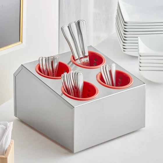 Choice Four Hole Stainless Steel Flatware Organizer with Red Perforated Plastic Cylinders