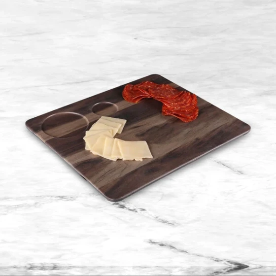 Elite Global Solutions M12105RC Fo Bwa 12" x 10" Faux Hickory Wood Serving Board with Double Ramekin Compartment