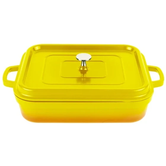 GET Heiss 5 Qt. Yellow Enamel Coated Cast Aluminum Roasting Pan with Lid - 12 7/8" x 10 7/8" x 2 3/4" CA-010-Y/BK/CC