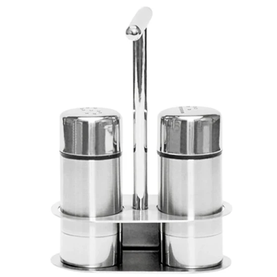 Fortessa Basics by Zwiesel Fortessa 7 1/2" x 6 1/4" Stainless Steel Salt and Pepper Shaker Set with Base