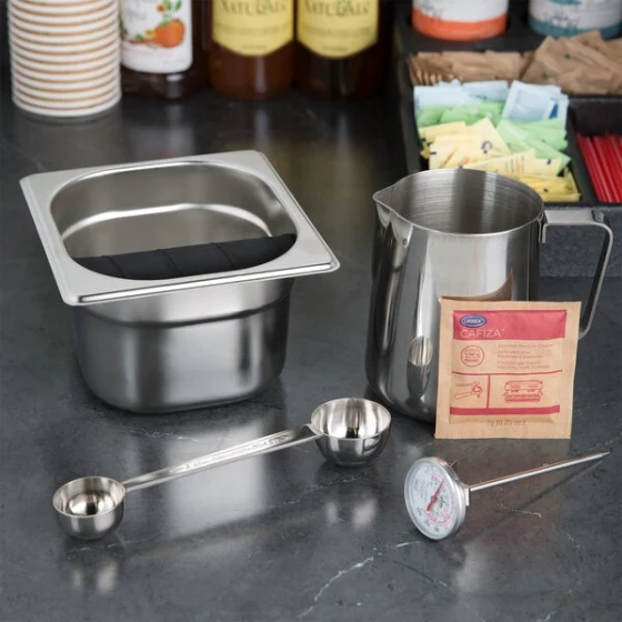 Barista Kit with 4" Knock Box and (100) 0.25 oz. Urnex Cafiza Powder Packets