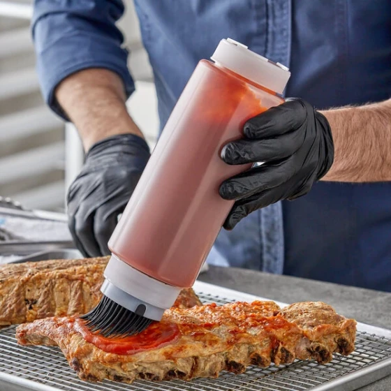 TableCraft 32 oz. INVERTAtop Dualway First In First Out "FIFO" Squeeze Bottle with Black Silicone Basting Brush Cap