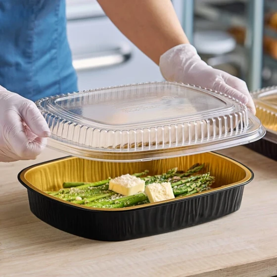 Durable Packaging 9553-PT-50 Smoothwall Black and Gold Black Diamond Large Foil Entree / Take-Out Pan with Dome Lid 65.6 oz. - 10/Pack