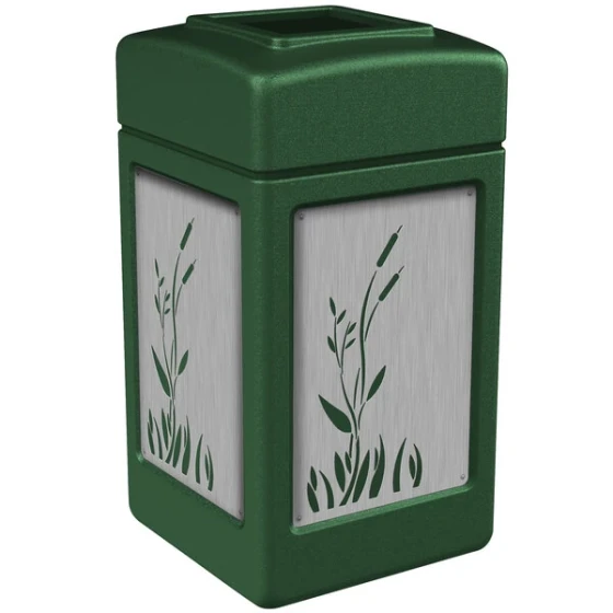 Commercial Zone 733960 42 Gallon Green Square Trash Can with Stainless Steel Cattail Panels