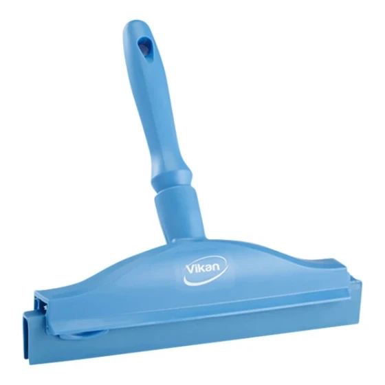 Vikan 77113 9 13/16" Blue Ultra-Hygienic Double Blade Rubber Hand Squeegee with Plastic Frame and Replacement Cassette