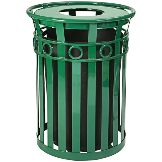 Witt Industries M3600-R-FT-GN Oakley Decorative 36 Gallon Green Steel Round Outdoor Decorative Trash Can with Flat Top Lid