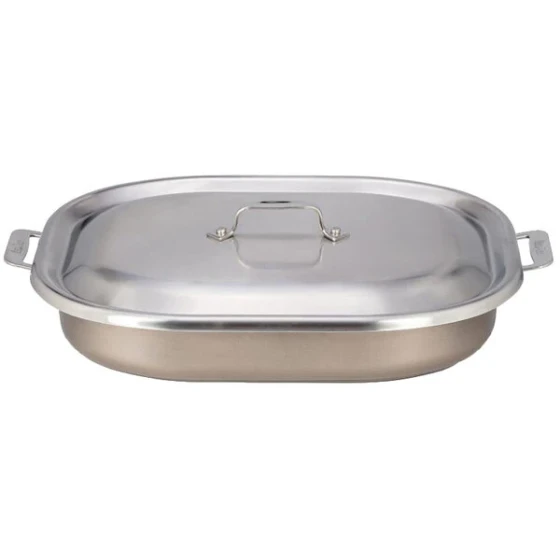 Bon Chef 60023CLDTAUPE Cucina 5 Qt. Taupe Stainless Steel Roasting Pan with Lid - 14 7/8" x 11" x 2 7/8"