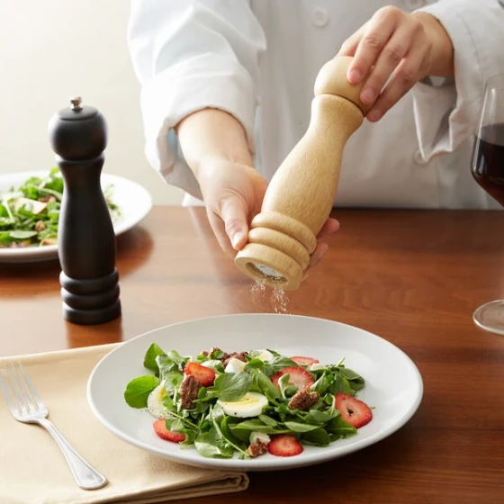 Acopa 8" Matte Black / Natural Wooden Salt / Pepper Mill - 2/Set