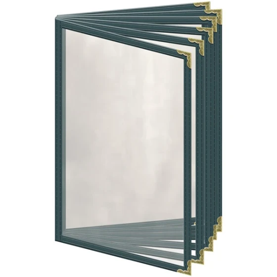 H. Risch, Inc. TE-12V Deluxe Sewn 5 1/2" x 8 1/2" Green 12 View Vinyl Menu Cover with Gold Decorative Corners and Gloss Finish