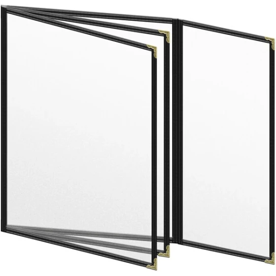 H. Risch, Inc. TETBQ Deluxe Sewn 8 1/2" x 11" Black 8 View Vinyl Menu Cover with Gold Decorative Corners and Matte Finish