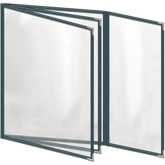 H. Risch, Inc. TETBQ Deluxe Sewn 8 1/2" x 11" Green 8 View Vinyl Menu Cover with Silver Smooth Corners and Gloss Finish