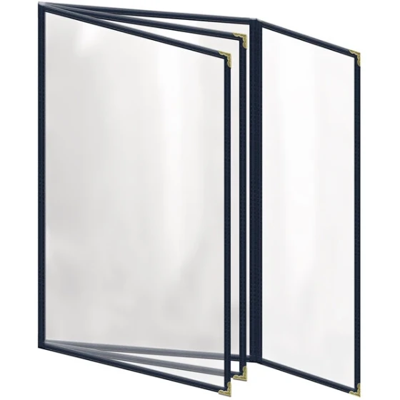 H. Risch, Inc. TETBQ Deluxe Sewn 8 1/2" x 14" Blue 8 View Vinyl Menu Cover with Gold Decorative Corners and Gloss Finish
