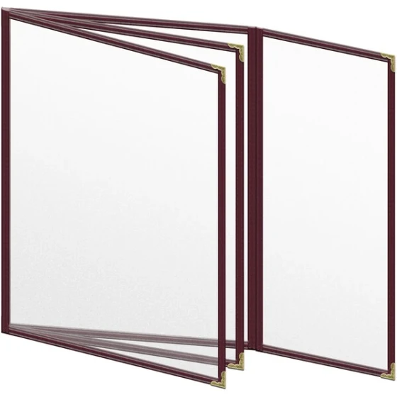 H. Risch, Inc. TETBQ Deluxe Sewn 8 1/2" x 11" Maroon 8 View Vinyl Menu Cover with Gold Decorative Corners and Matte Finish