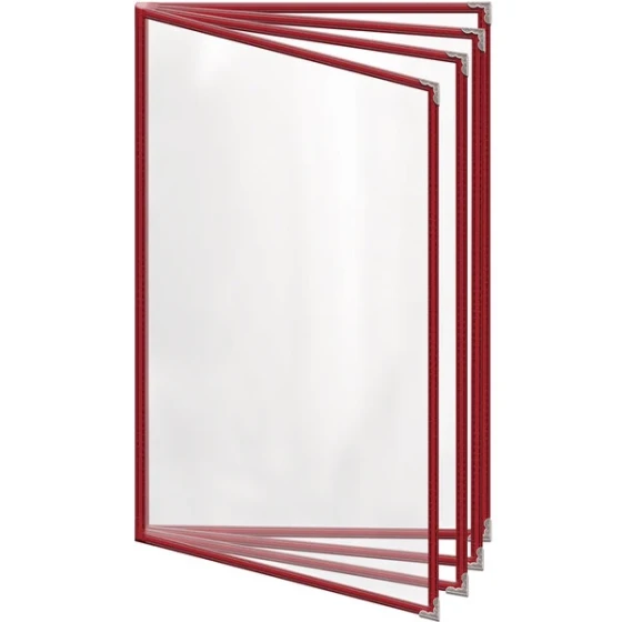 H. Risch, Inc. TEDD Deluxe Sewn 8 1/2" x 14" Red 8 View Menu Cover with Silver Decorative Corners and Gloss Finish