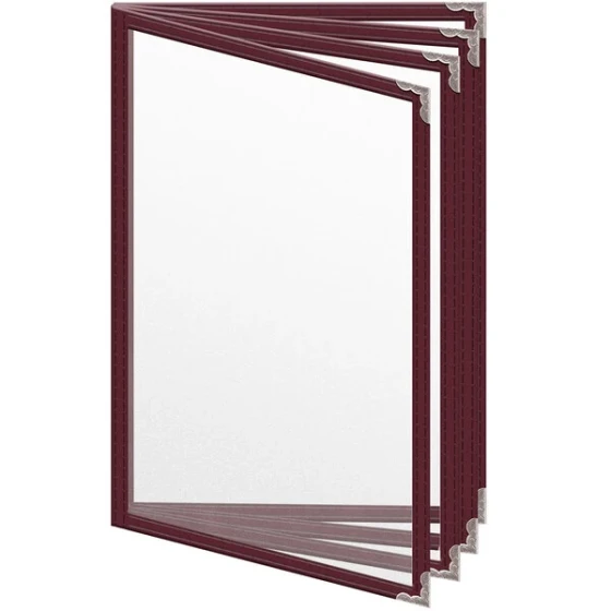 H. Risch, Inc. TEDD Deluxe Sewn 5 1/2" x 8 1/2" Maroon 8 View Menu Cover with Silver Decorative Corners and Matte Finish