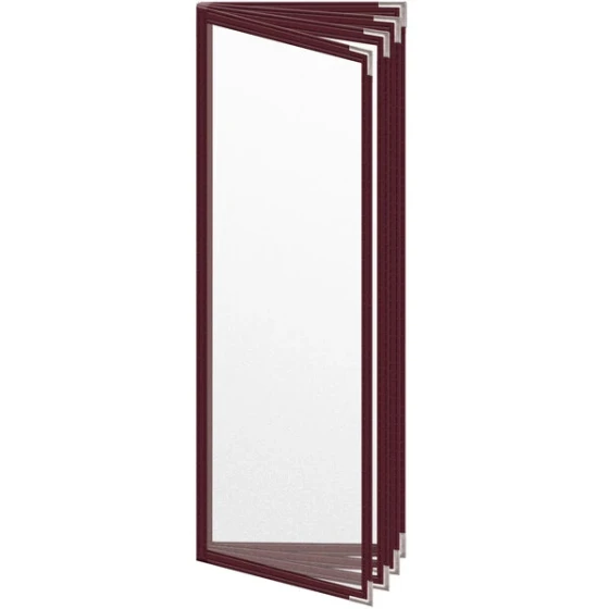 H. Risch, Inc. TEDD Deluxe Sewn 4 1/4" x 14" Maroon 8 View Menu Cover with Silver Smooth Corners and Matte Finish