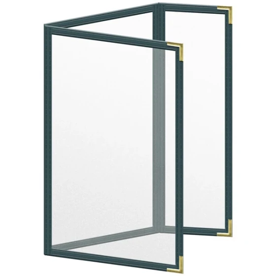 H. Risch, Inc. TEDQ Deluxe Sewn 5 1/2" x 8 1/2" Green 6 View Menu Cover with Gold Smooth Corners and Matte Finish