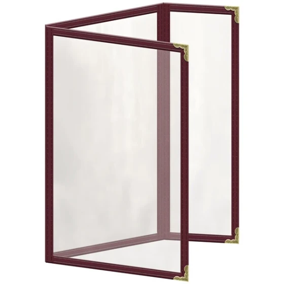 H. Risch, Inc. TEDQ Deluxe Sewn 5 1/2" x 8 1/2" Maroon 6 View Menu Cover with Gold Decorative Corners and Glossy Finish