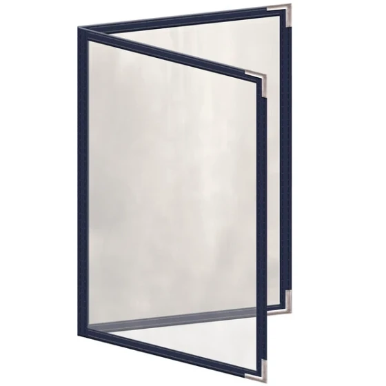 H. Risch, Inc. TED Deluxe Sewn 5 1/2" x 8 1/2" Blue 4 View Menu Cover with Silver Smooth Corners and Gloss Finish