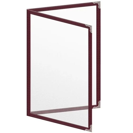 H. Risch, Inc. TED Deluxe Sewn 5 1/2" x 8 1/2" Maroon 4 View Menu Cover with Silver Decorative Corners and Matte Finish